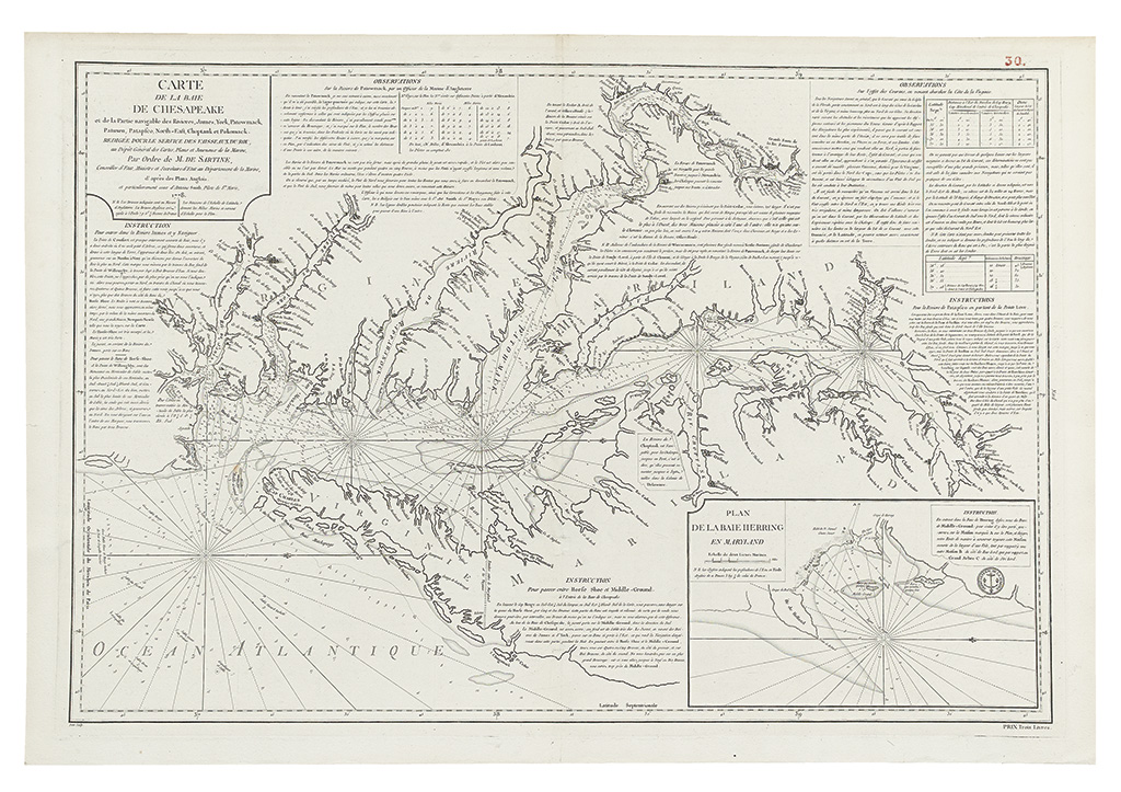 SARTINE, ANTOINE RAYMOND de. Carte de la Baie de Chesapeake et de la Partie navigable des Rivieres, James, York, Patowmack, Patuxeo,